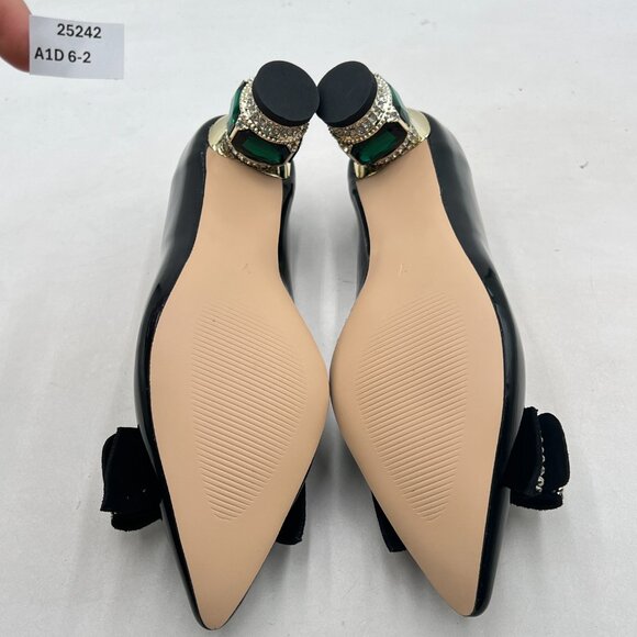 FSJ Black Pointed Toe Crystal Pump Rhinestone Bow Block Low Heel Slip On Shoes - Picture 7 of 8